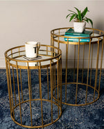 Cage s/2 side tables round mirror gold