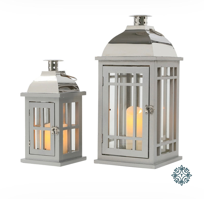 Julie s/2 wooden lanterns grey/chrome med/sml