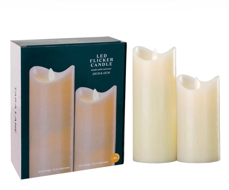 Flicker led candle set w/5hr timer ivory 20cm and 15cm