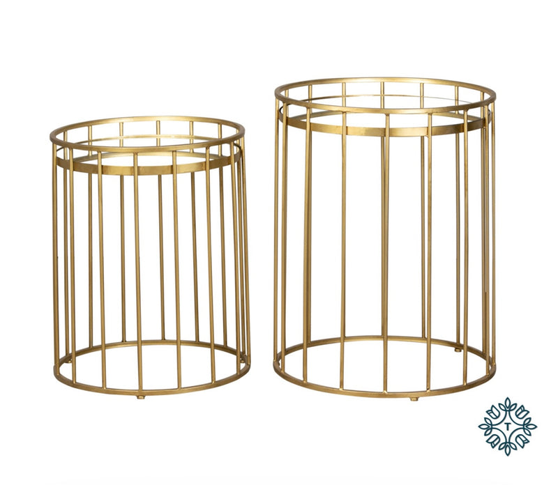 Cage s/2 side tables round mirror gold