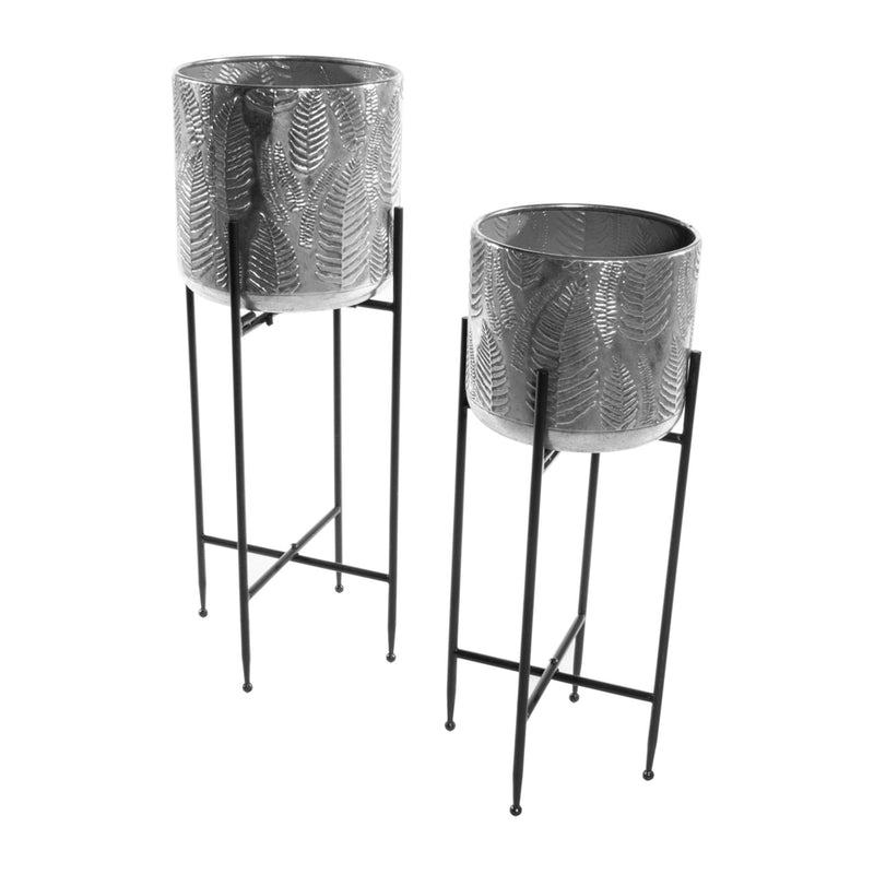 Azure S/2 Leaf Planters With Stand Silver