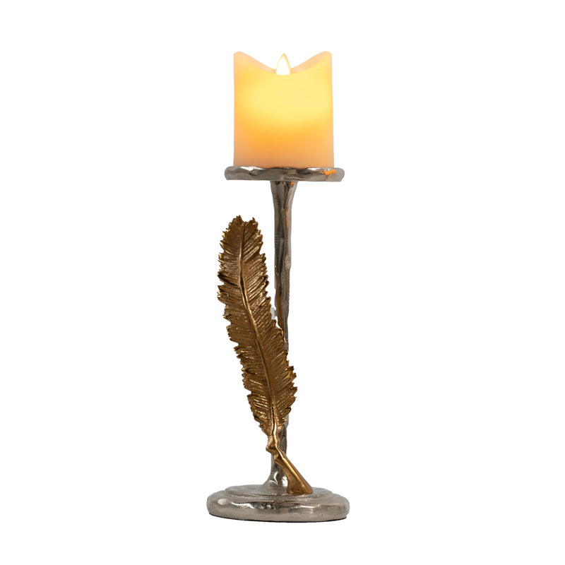 Feather Pillar Candle Holder Silver/gold 28cm