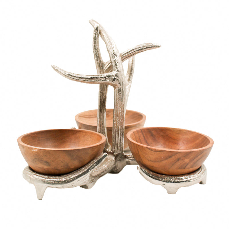 Set Of 3 Bowls With Antler Stand Nickel