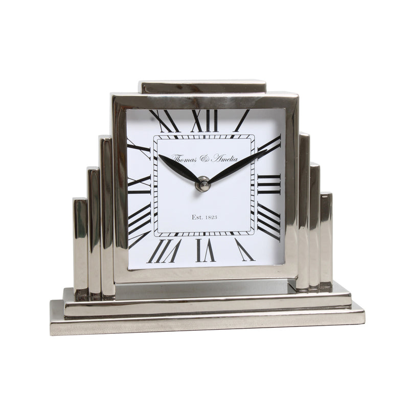 Thomas &amp; Ameila Art Deco Mantle Clock Silver 36cm
