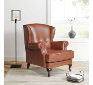 Miami Wingchair – Dark Brown Leather with Brass Beading