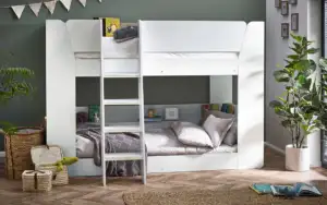 Parsec Bunk Bed - All White with Built-In Shelving and Ladder