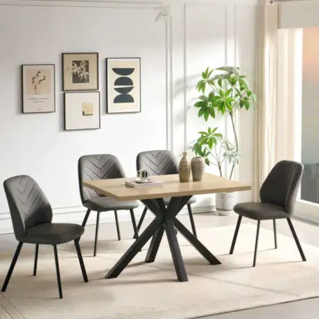 Christine Dining Set – Oak-Effect Table with Black Cross-Leg Base