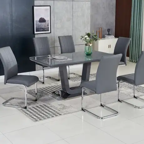 Edel Grey 5 ft Dining Set – Glass Top with 6 PU Chairs