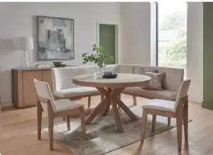 Falun Round Dining Set with Corner Bench & Chairs – Smoked Oak Finish