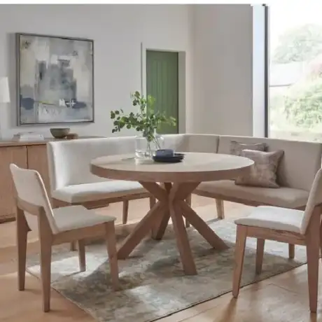 Falun Round Dining Set with Corner Bench & Chairs – Smoked Oak Finish