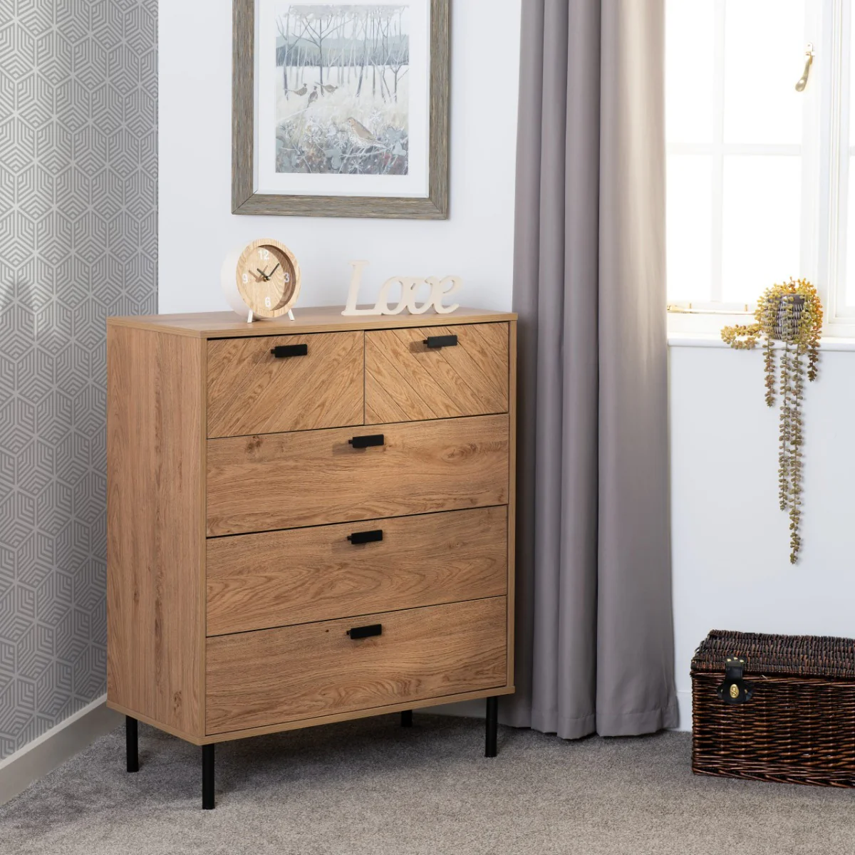 Leon Medium Oak Effect 3+2 Drawer Chest – Durable Storage with Metal Feet 800mm