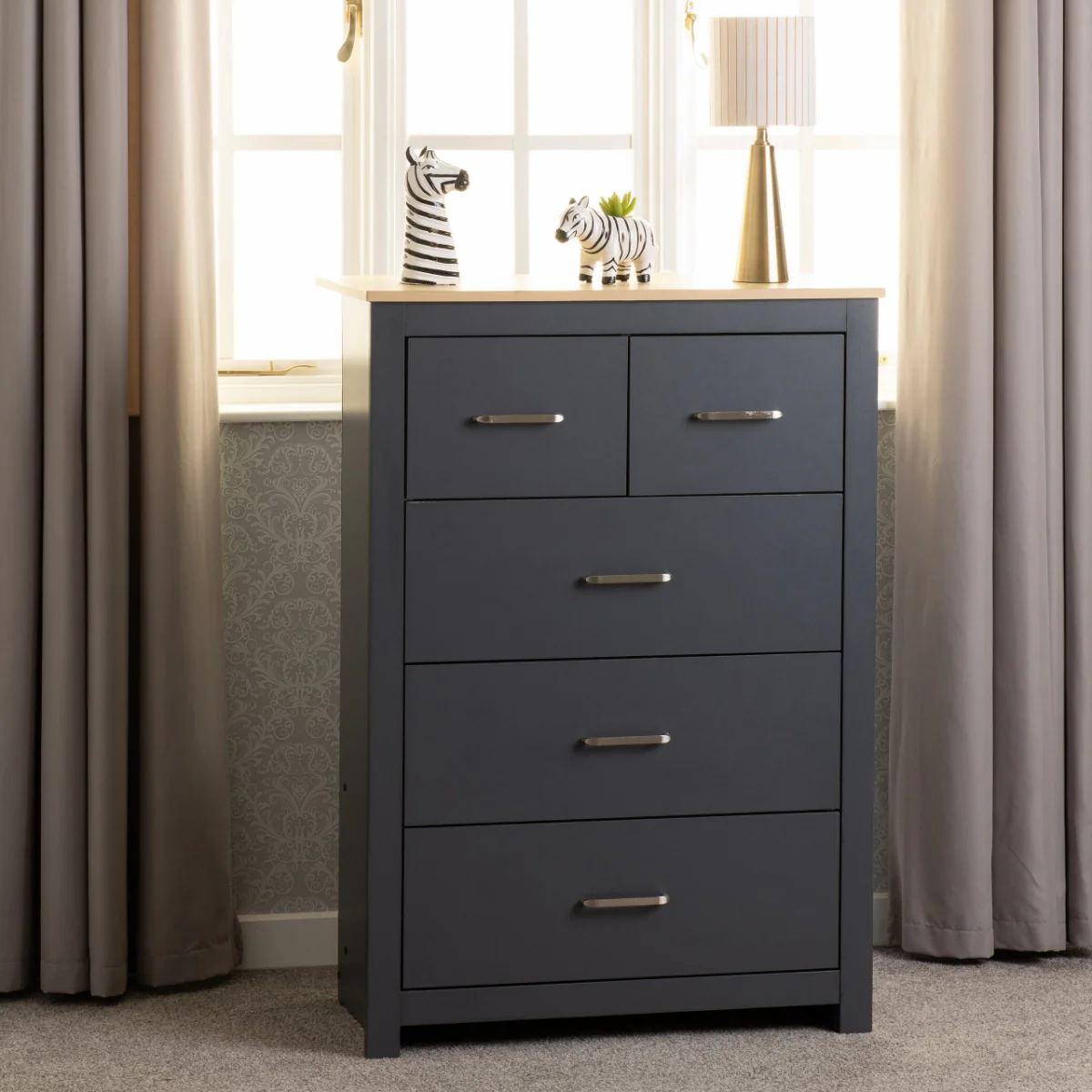 Portland 3+2 Drawer Chest – Grey/Oak Effect with Ample Storage