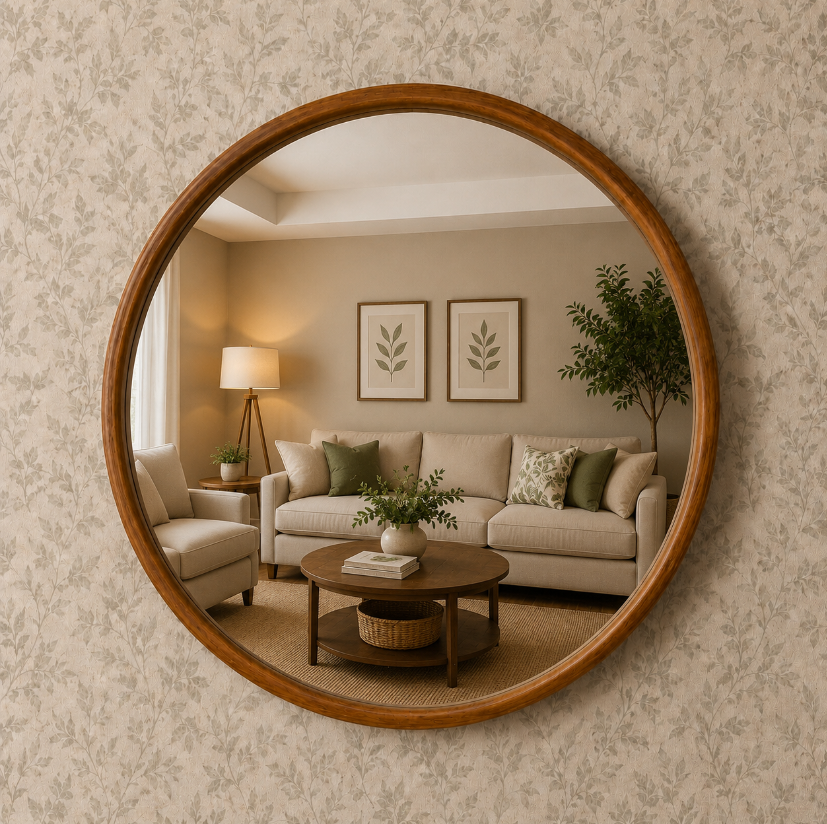Oval Mirror with Wooden Surround – 80cm Diameter